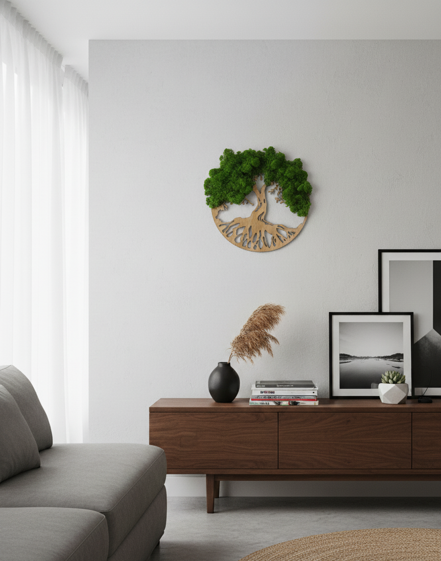 Dřevěný strom života Rustik tmavý dekor světle zelený mech